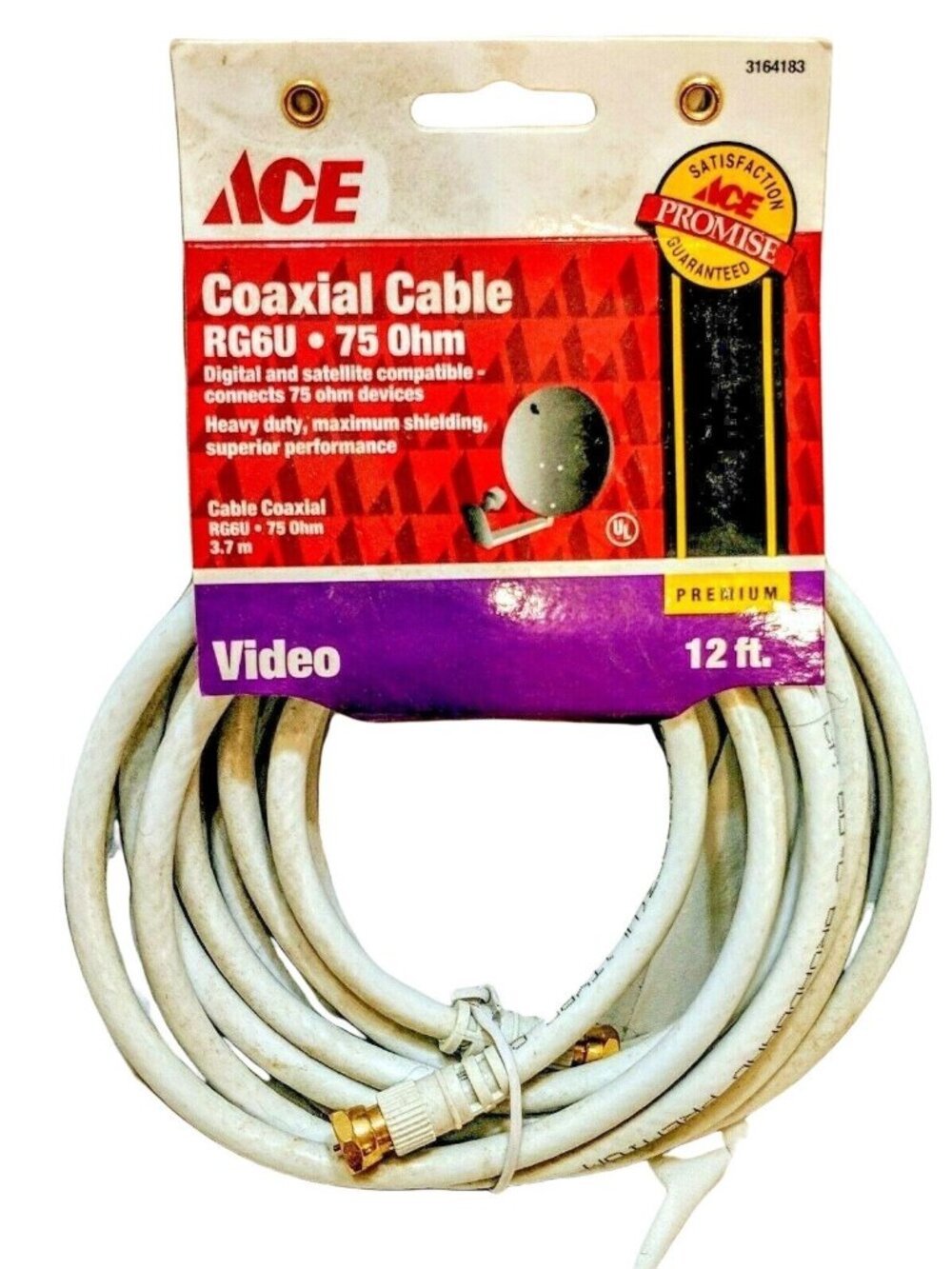 Ace White New Coaxial Cable 12 Ft 75 Ohm Video 8j